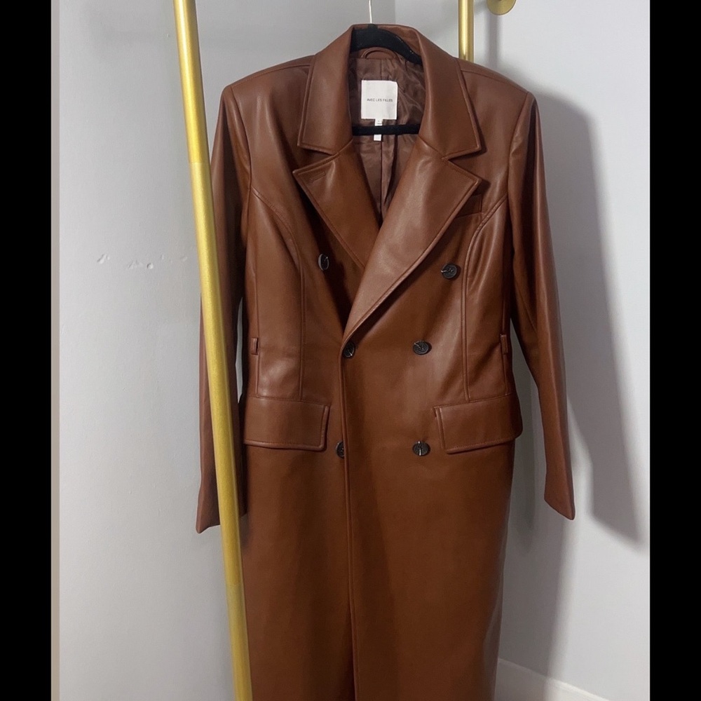 Brown Faux Leather Double-Breasted Coat